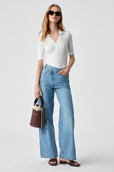 GRIMELANGE Lokkıser Women Buttoned Apaj Collar Short Sleeve White Blouse