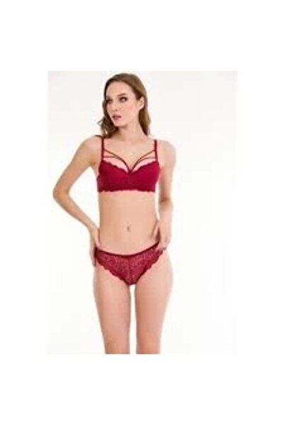 TakıDolabı Bella Notte Burgundy Lace Stylish Bra Set with Double Rope Detail