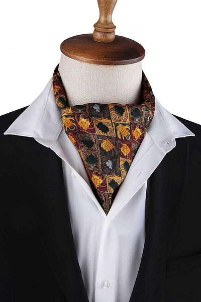 Kravatkolik Claret Red - Yellow Motif Pattern Men's Ascot Scarf K644