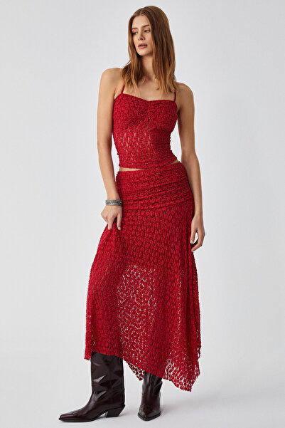 GRIMELANGE KARMA Kadın Oversize Lastikli Yüksek Bel Uzun Kırmızı Etek