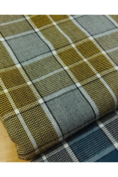 Kumaş Parça Dokuma Orta Kalın Ekoseli Gri Hardal Renklerde En: 150 cm