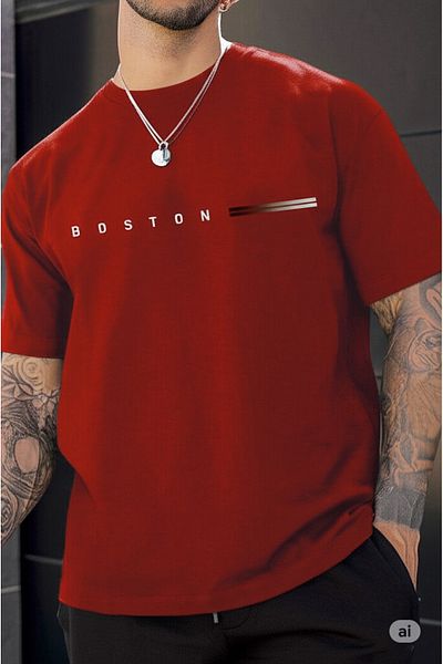 NO 601 Men's Burgundy Boston Printed Oversize Tshirt