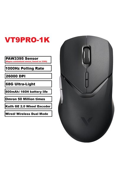 Choice ماوس الألعاب اللاسلكي Vt9pro Paw3398 من رابو، أسود، 26000 نقطة في البوصة، 68 جرام، خفيف الوزن، سلكي، لاسلكي