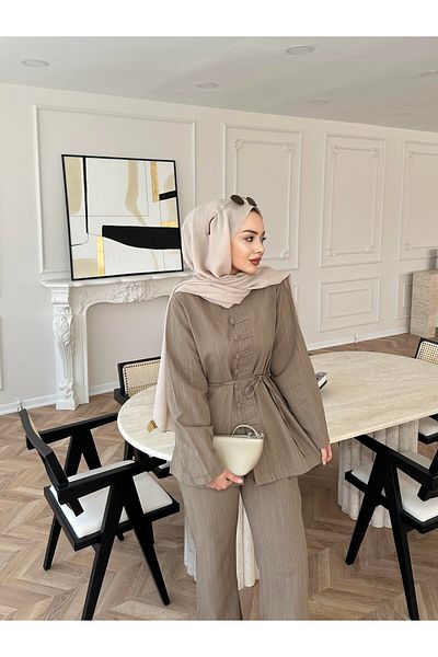 Miraydın Butik Women's Button and Belt Detailed Linen Suit M3318 - Mink