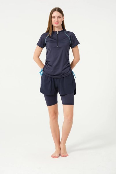 TESMAY Short Sleeve Half Zip Quick Dry Fabric Shorts Women's Semi-Covered Swimsuit with Leggings
