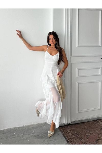 7FİL Chiffon Women's Long Ruffle Dress