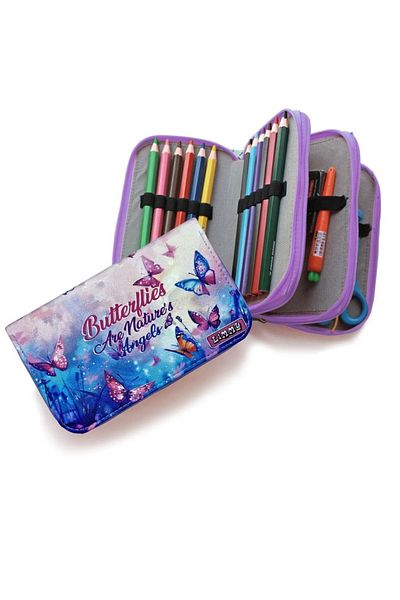 senacacollection Pencil Case Black Pink Blink Organizer Pencil Case Vegan Leather 3 Compartments 1 PCS