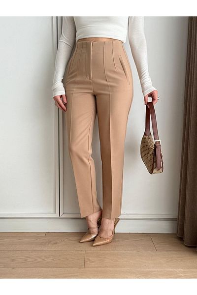 A&O Style Women's Stone Color High Waist Carrot Model Fabric Trousers with Piping Front Pockets