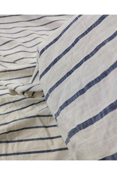 Kumaş Parça كتان بيج/كريمي مخطط باللون الأزرق الداكن - 150 سم