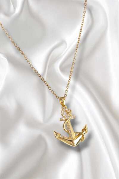 REBORN DESIGN 316L Çelik Gold Renk Zincir Zirkon Taş Detaylı Çapa Model Kadın Kolye