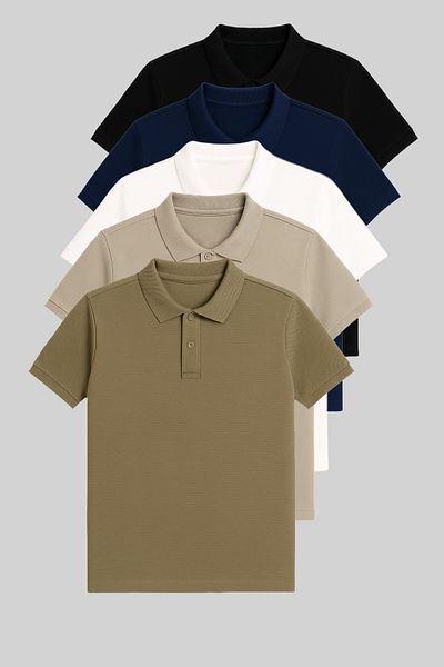 COMBİNE MİCHAİL Men's 5 Pack 100% Cotton Basic Polo Neck T-Shirt Black-Blue-White-Grey-Khaki