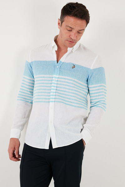 U.S. Polo Assn. U.S. Polo Çizgili Pamuk ve Keten Karışımlı Regular Fit Gömlek Erkek GÖMLEK G081SZ0042105934