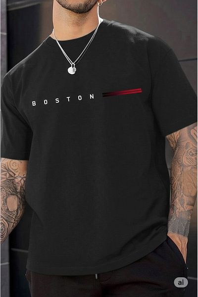 NO 601 Ανδρικό μπλουζάκι με μαύρο Boston printed oversize