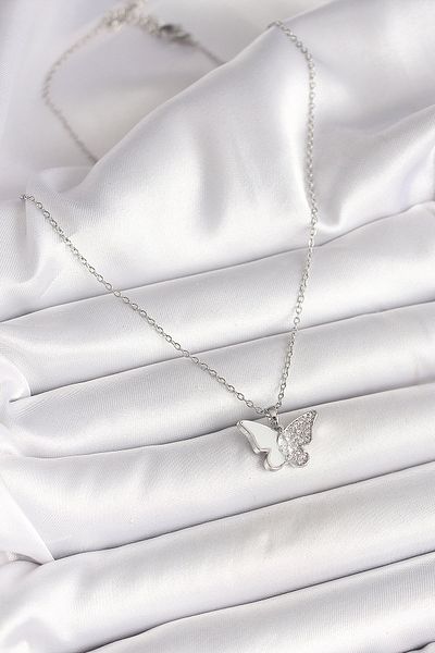 Skygo 316L Steel Silver Color Chain Zircon Stone White Enamel Butterfly Model Women's Necklace - Tj-Bko9941