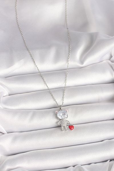 Skygo 316L Steel Silver Color Chain Zircon Stone Teddy Bear Model Red Heart Detail Women's Necklace - Tj-Bko9987