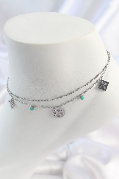 Skygo 316L Steel Silver Color 2'Li Chain Dream Catcher Figure Blue Stone Detail Women's Anklet - Tj-Hh1650