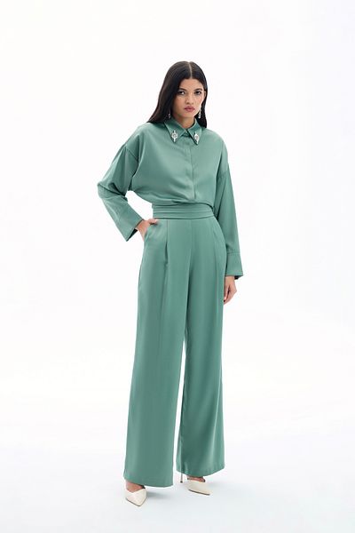 Sateen Loose Satin Trousers with Pockets - Khaki