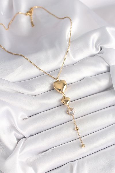 Skygo 316L Steel Gold Color Hanging Heart Model Women's Necklace with Zircon Stone Detail - Tj-Bko9934