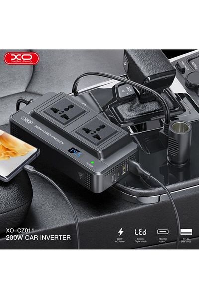 REDz Accessories Car Voltage Inverter, Multiport, XO-CZ011, Power 200W, EU Plugs, Type-C and USB Ports, Black