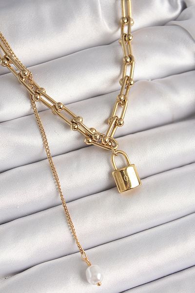 Skygo 316L Steel Gold Color Tiffany Chain Model Lock Figure Dangle Pearl Detail Women Necklace - Tj-Bko9938
