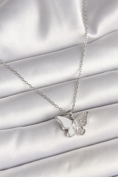 Skygo 316L Steel Silver Color Chain Zircon Stone White Enamel Butterfly Model Women's Necklace - Tj-Bko9941
