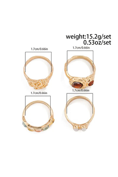 Takıtolia Olivien - 4 Pieces Colorful Stone Retro Design Multiple Gold Gold Vintage Gift Ring Set