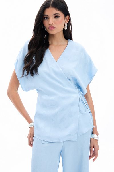 Sateen Tie-Up Jacquard Satin Blouse - Baby Blue