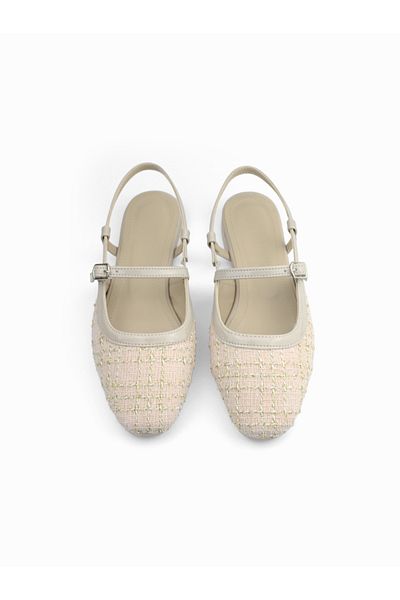MAGGIO Beige Tweed Fabric Blunt Toe Casual Women's Ballerinas