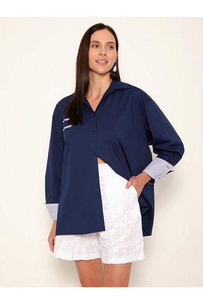 Coral Contrast Pocket Detailed Long Sleeve Poplin Shirt Navy Blue