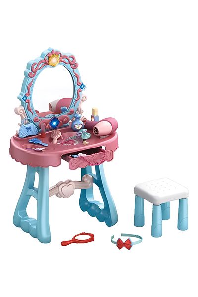 Fitness World 29 Pieces Plastic Pretend Makeup Table Toy with Realistic Sounds 74*29*45.5cm with Mini Chair