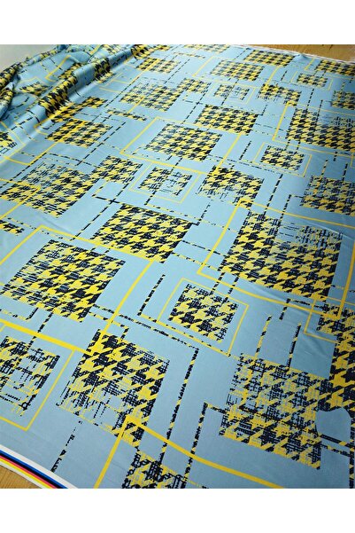 Kumaş Parça Satin Blue with Yellow and Black Width: 150 cm