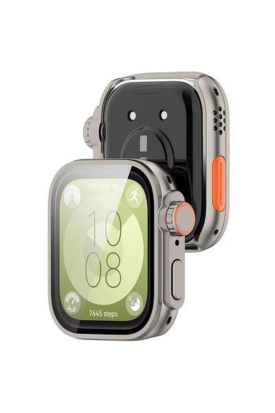 REDz Accessories Case with Screen Protector, Glass for Huawei Watch Fit 3, Ultra Watch Look, Titanium Gray