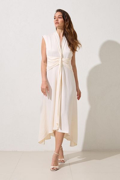 Setre Cream V-Neck Waist Detailed Midi Length Sleeveless Dress