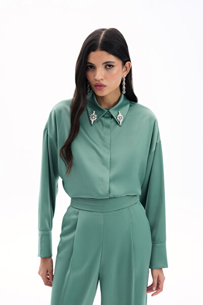 Sateen Aksesuar Detaylı Gömlek - Çağla Yeşili