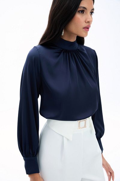 Sateen Satin Blouse with Collar Detail - Navy Blue