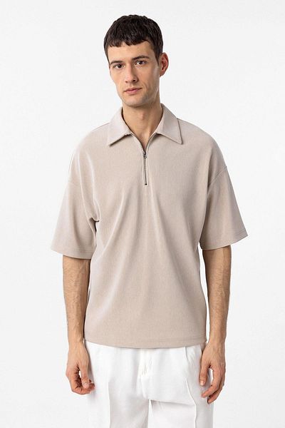 Antioch Beige Relax Fit Zippered Polo Neck Men's T-Shirt