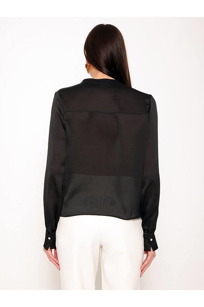 Coral Open Collar Satin Blouse Black
