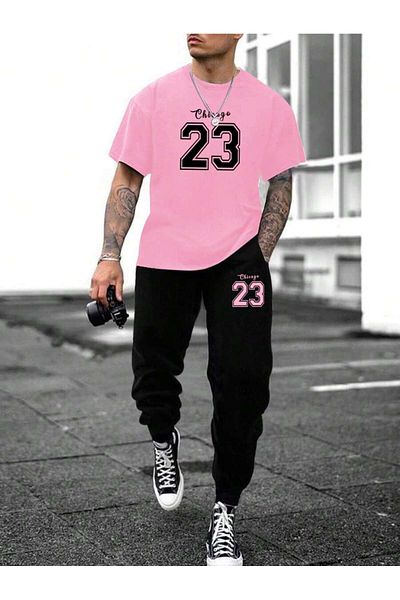 PENTHİLUS Men's Short Sleeve T-Shirt and Long Pants Letter and Number Print Summer 2 Piece Set