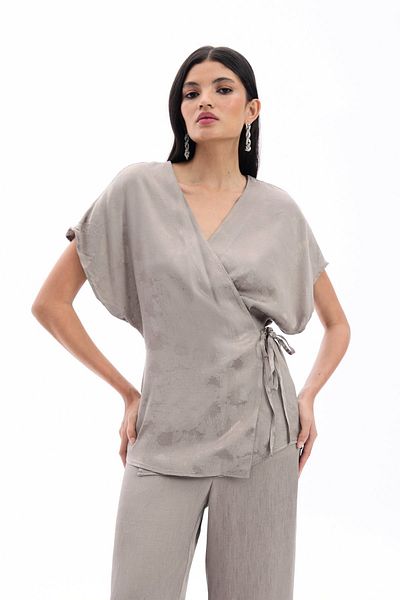 Sateen Tie-Up Jacquard Satin Blouse - Mink
