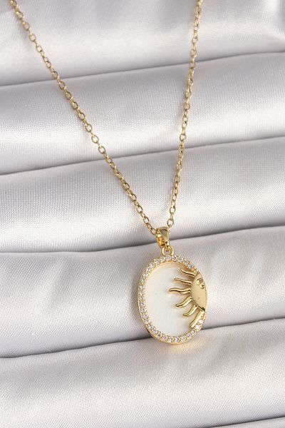 Skygo 316L Steel Gold Color Chain White Enamel Sunset Model Zircon Stone Detail Women's Necklace - Tj-Bko10002
