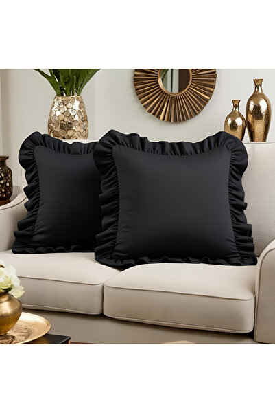 Bc Home Pack of 2 Black Country Ruffled Square Throw Pillow Cover Soft Textur...
