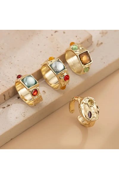 Takıtolia Umbre Gold Color - Stylish Design Vintage Multiple Adjustable Gold Ring Set with 4 Colorful Stones