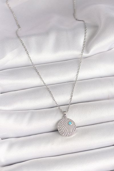 Skygo 316L Steel Silver Color Chain Zircon Stone Blue Stone Detailed Medallion Model Women's Necklace - Tj-Bko9965