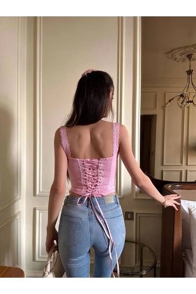 Ecenin Favorileri Pink Lace Back Eyelet Bustier