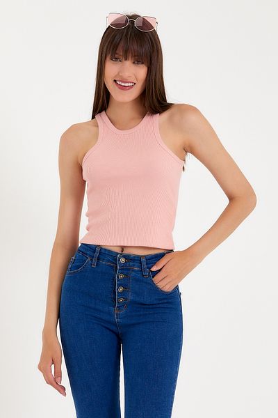 Superlife Süperlife Women Crop Knitted Back High Collar Slim Fit Tank-Tişört Spr21Y11