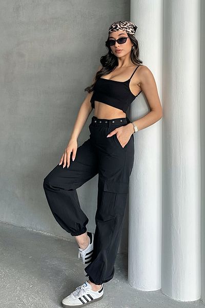 MD trend Women's Cargo Pocket Belted Jogger Pants