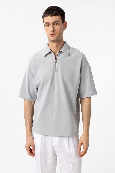 Antioch Light Gray Relax Fit Zippered Polo Collar Men's T-Shirt