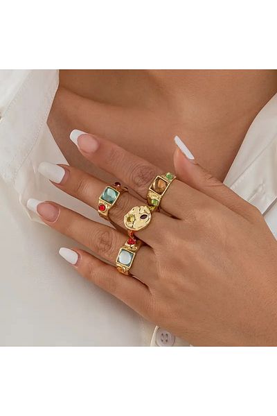 Takıtolia Umbre Gold Color - Stylish Design Vintage Multiple Adjustable Gold Ring Set with 4 Colorful Stones
