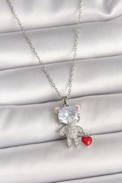 Skygo 316L Steel Silver Color Chain Zircon Stone Teddy Bear Model Red Heart Detail Women's Necklace - Tj-Bko9987