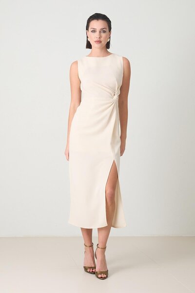 Setre Μπεζ φόρεμα με λεπτομέρεια με σχισμή, μήκους μίντι, φαρδιά εφαρμογή